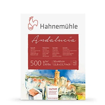 Imagen de Hahnemuhle: Andalucía Block de 12 Hojas para Acuarelas, 500gsm (235lb) 30x40cm, Rugoso y segunda Carilla NOT (Sin textura)