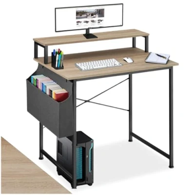 Imagen de TecTake Mesa de Escritorio con Estante y Bolsa Tela, Mueble habitación Estudio, mobiliario despacho, para Oficina (80 cm, Madera Industrial Clara, Roble Sonoma)