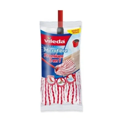 Imagen de Vileda Fregona microfibras Premium 2 en 1 Recambio para fregona, cabezal universal con y poliamida, color rojo blanco