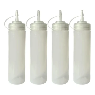 Imagen de HR Hogar Botella de Salsas Squeeze, 4 unds 750 mL, Botellas Exprimibles Reutilizables y Reciclables Sin BPA, Dispensador con Tapón Antifugas Goteo Fabricado en España (Transparente)