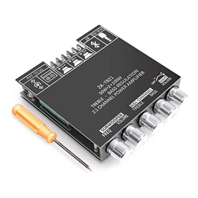 Imagen de RUIZHI Placa amplificadora de subwoofer 2.1 canales 2x50W + 100W con control agudos y graves, doble chip TPA3116, DC 12 24V, Bluetooth entradas AUX