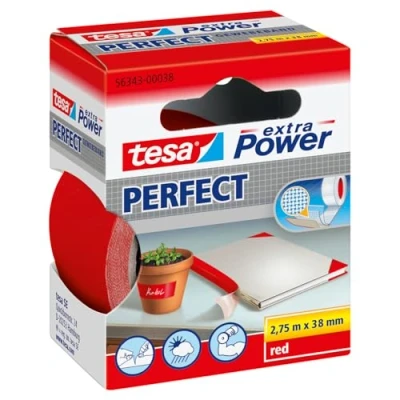 Imagen de tesa Extra Power Perfect Cinta de Reparación Reforzada en Tela para Confeccionar, Reparar, Fijar, Reforzar y Etiquetar Rojo 2.75 m x 38 mm