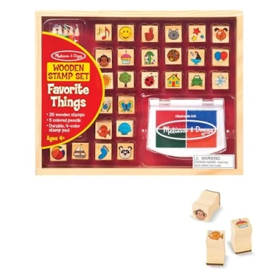Imagen de Melissa &amp; Doug Juego de sellos madera con cosas favoritas, 26 sellos, 5 lápices y una almohadilla 4 colores, Juguete creativo madera, Regalo para niños niñas 4+ Años