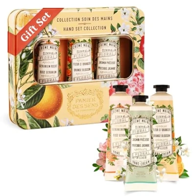 Imagen de Panier des Sens Caja Regalo para Mujer Trío de Cremas Manos Hidratantes Azahar, Jazmín &amp; Geranio Ideas Regalos Cuidado con 96% Ingredientes Naturales 3x30ml
