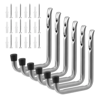 Imagen de Navaris Ganchos para Colgar en Garaje Set de 6X Gancho Colgador Pared Bicicleta Herramientas Escalera esquís Colgadores Forma J 15,5 x 23,5 cm