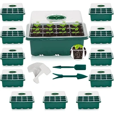Imagen de KAHEIGN 12 Piezas Bandejas de Inicio Semillas, 144 Celdas Propagador Semillas Plástico Resistente con Cúpula Ventilación y Bases, 20 Etiquetas para Plantas, 2 Herramientas