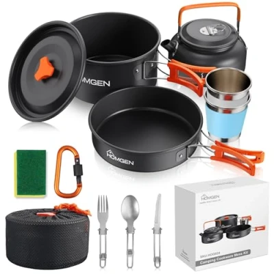 Imagen de Kit de Utensilios Cocina para Camping HOMGEN Juego Aluminio Acampar Olla y Sartén 2 3 Personas Outdoor Picnic Senderismo