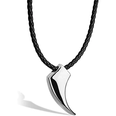 Imagen de SERASAR Collar Cuero con Dientes de Lobo, para Hombre, Muchacho, Plata Tribal Masculino 60cm, Joyas Hombres, Regalo Hijo