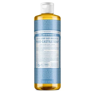 Imagen de Dr Bronner&#039;s Jabón mágico suave todo uno para bebé, hecho con aceites orgánicos. Utilizado cara, cabello, bebés, lavandería y platos, certificado de comercio justo apto veganos, botella reciclada 475 ml