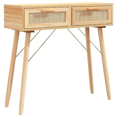 Imagen de vidaXL Mesa Consola Auxiliar Estante Recibidor Almacenamiento Entrada Pasillo Salón Sala de Estar Dormitorio Madera Pino Maciza Ratán Natural Marrón