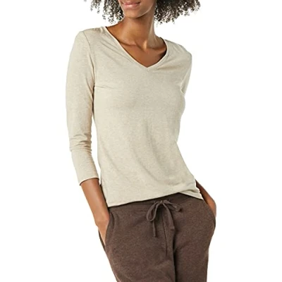 Imagen de Amazon Essentials Camiseta de Cuello en Pico, Manga 3/4 y Ajuste Clásico (Disponible Tallas Grandes) Mujer, Bronceado Mezcla, S