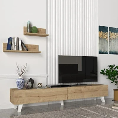 Imagen de [en.casa] Juego de Mueble Salon Decorativo Mesa TV con 2 Estantes Pared Modulos Salón Aglomerado 180 x 31 33 cm Roble