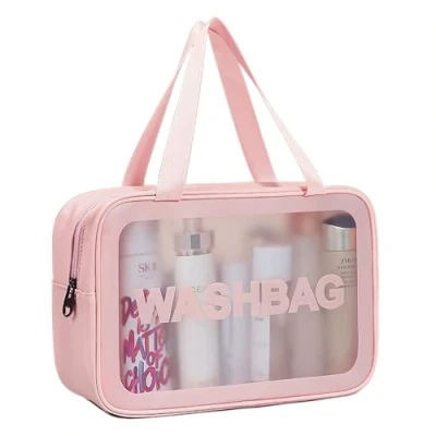 Imagen de SZDPC Neceser Grande para Hombre y Mujer, Bolsa de Aseo Viaje con asa, Ducha translúcida Mate, Rosado L
