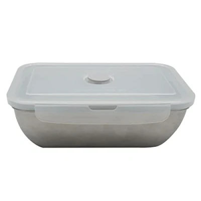 Imagen de Fackelmann 684085 Caja de conservación alimentos hermética acero inoxidable, 1000 ml, Lunchbox con válvula vapor y tapa plástico, 20 x 14 cm