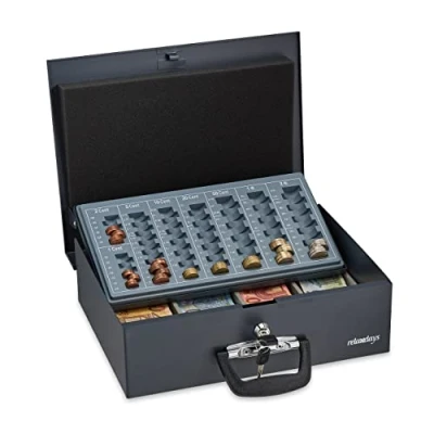 Imagen de Relaxdays Caja Dinero, con Cierre, Contador de Monedas, Acero, 2 Llaves, Cambio y Billetes, 10,5 x 36 27,5 cm, Negro
