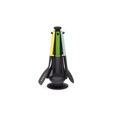 Imagen de Joseph Duo Utensilios de Cocina, 5 piezas con Soporte Giratorio, Accesorios cocina resistentes al Calor y Mangos en silicona, Multicolor