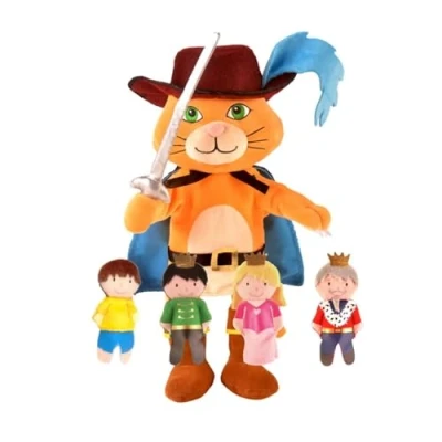 Imagen de Fiesta Crafts Puss in Boots Hand and Finger Puppet Set Kids Toy Soft with 4 Puppets King, Queen, Prince Educational for Developing Storytelling Ages 3 to 9 Years