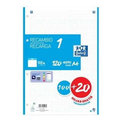 Imagen de Oxford Recambio 100H + 20H Gratis 4 Taladros A4 90Gr 5X5 1 Banda Rojo