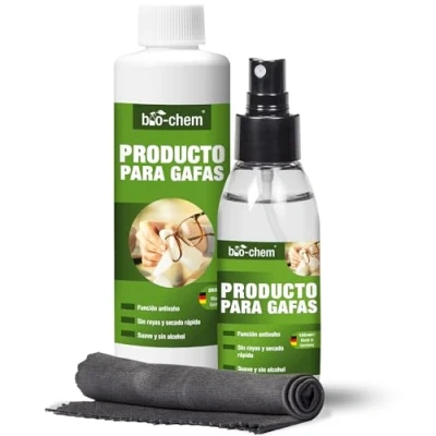 Imagen de Bio chem spray limpiador de gafas con función antivaho, antiestático, set limpieza en 100 ml + botella recarga 250 (350 ml) paño microfibra