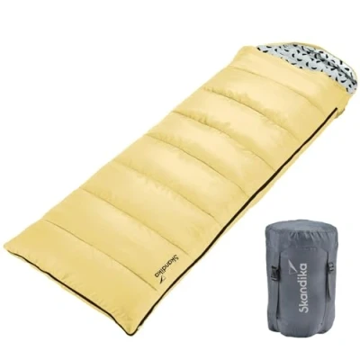 Imagen de Skandika Iceland Saco de Dormir Individual con Forro polialgodón para Adultos, acoplable, hasta 5C, 220 x 80 cm Invierno Camping Senderismo (Amarillo/Cremallera Izquierda)