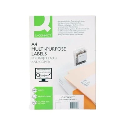 Imagen de Etiqueta adhesiva q connect kf10664 tamaño 210x297 mm fotocopiadora laser ink jet caja con 100 hojas din a4