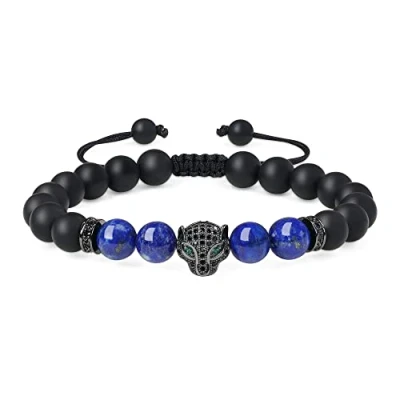 Imagen de COAI Pulsera de Cuentas Ónice Mate y Lapislázuli Piedra Natural Semipreciosa con Amuleto Leopardo para Hombre Mujer