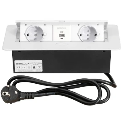 Imagen de Brollux Enchufe empotrable retráctil de 2 enchufes con USB y USBC blanco apertura suave aluminio fundido por inyección 1,5 m cable conexión