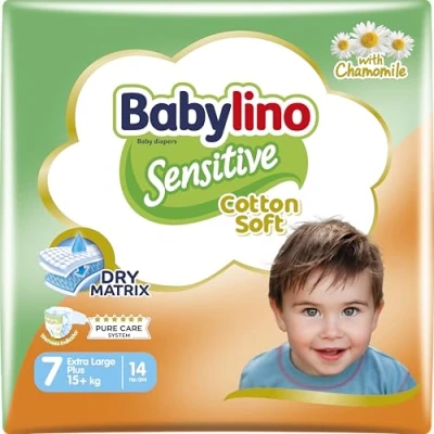 Imagen de Babylino Sensitive Cotton Soft, Pañales Bebé Talla 7, Extra Large plus (15+ kg), 14 unidades