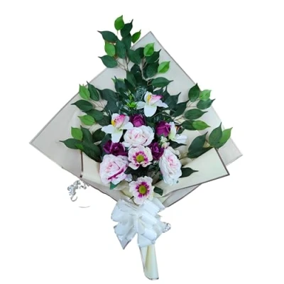 Imagen de DRW Ramo de Flores para Cementerio Artificiales Meter en el Bote Jarron o sobre Sepultura 73x63x20 cm (Rosas Rosa y Morado)