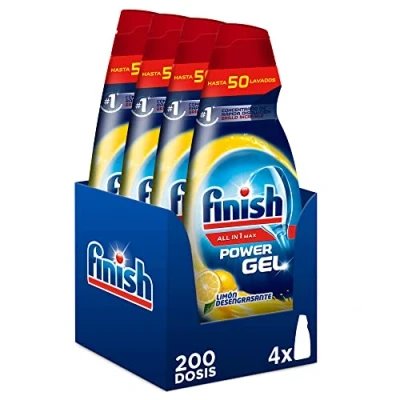 Imagen de Finish All in 1 Max Power Gel Limón Desengrasante, Detergente para el Lavavajillas, 200 dosis (4 botellas de 50 dosis)