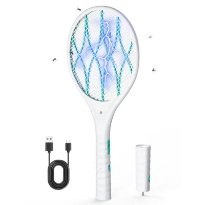 Imagen de AROEVE Raqueta Mosquitos Electrica, 4000V Matamoscas Carga USB, Luz LED, Linterna Desmontable, Protección de 3 Capas, Doble Interruptor, Hogar, Jardín, Blanco