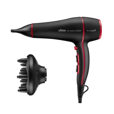Imagen de Ufesa Secador de Pelo Profesional Air Sonic 2200W, Motor AC, Elimina el Encrespamiento, Incluye Difusor y Concentrador, 2 Velocidades, 3 Temperaturas, Golpe Aire Frío, Negro/Rojo