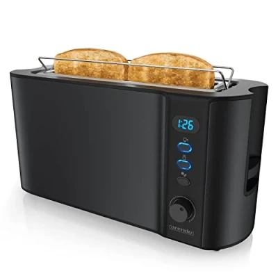 Imagen de arendo Tostadora 2 rebanadas con ranura larga 1000 W 6 Niveles Pantalla indicadora Descongelación y calentamiento Soporte panecillos Bandeja de migas Doble pared Acero inoxidable
