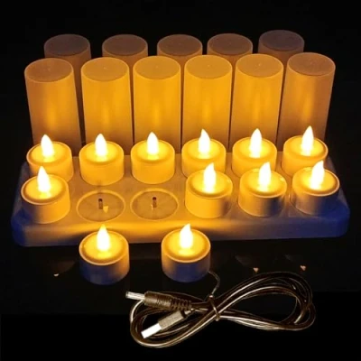 Imagen de velas LED sin llama QSPORTPEAK 12 recargables con batería estación de carga, cable USB y vasos para el hogar, Navidad Halloween Decoración