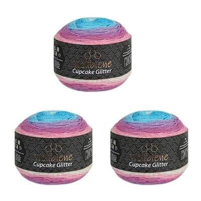 Imagen de Cupcake Glitter Simli 3 ovillos de 150 g lana para tejer, 450 g, tejer y hacer ganchillo, turca, color degradado con purpurina (3000 azul claro, rosa pastel)