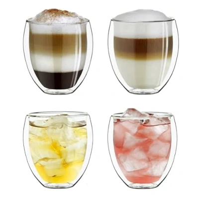 Imagen de Creano Conjunto de 4 Vidrios Térmicos Doble Pared Bellied, Gran Vidrio Borosilicato Resistente al Calor, para Café y Té 250ml