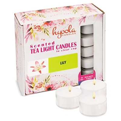Imagen de Hyoola Velas de Té Perfumadas Candelitas en Vaso Transparente Aromáticas con Aroma a Lirio Blanco 6 Horas Combustión Pack 15 Hechas Europa