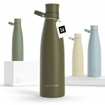 Imagen de LARS NYSØM Botella de Acero Inoxidable aislada 1l Agua 1 litro a Prueba Fugas para Deportes, Bicicleta, Perro, (Olive Green, 1000ml)