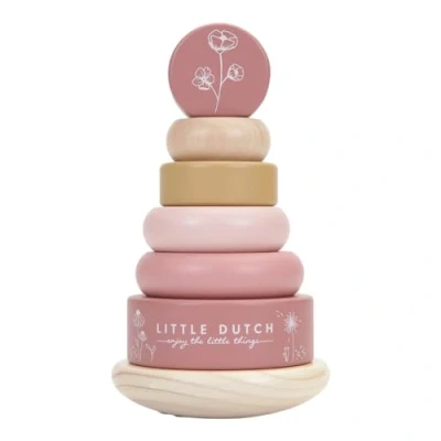 Imagen de Little Dutch 8012 Anillo de madera con diseño torre apilable, flores silvestres, color rosa