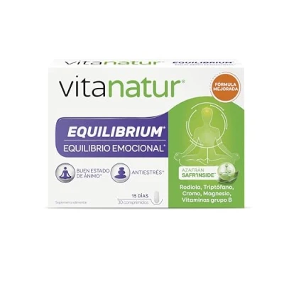 Imagen de Vitanatur Equilibrium (1), Complemento Alimenticio, con Azafrán, Rodiola, Triptófano y Vitamina B, Ingredientes que ayudan en Situaciones de Estrés (1) el Estado Ánimo 30 Comprimidos