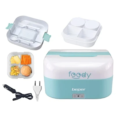 Imagen de BEPER FOODY Fiambrera Electrica para Coche, Camión, Oficina, Escuela con Doble Enchufe (Coche/Pared) Termo Comida Caliente 4 Compartimentos Internos Separables + Cubiertos Incluidos, Azul