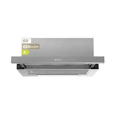 Imagen de EVVO Campana Extractora Telescópica CE11, Ancho 60 cm, Potencia 650 m3/h, Filtro de Aluminio con 5 Capas, Luz LED, Carbón Activo, 2 Velocidades, Eficiencia Energética A, Acabado Inox