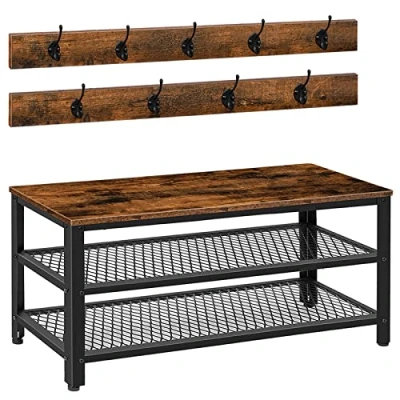Imagen de HOOBRO Perchero Zapatero, con Pared, 100 cm Banco, 3 Estantes, 9 Ganchos, Gran Espacio de Almacenamiento, para Entrada Pasillo, Industrial, Marrón Rústico y Negro EBF171MT01
