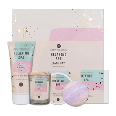 Imagen de accentra Bade und Pflegeset RELAXING SPA in schöner Geschenkbox, 5tlg. Wellness Geschenkset für Frauen beinhaltet Körperbutter, Seife, Handcreme, Badebombe Duftkerze