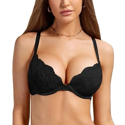 Imagen de DOBREVA Sujetador Push Up Encaje con Relleno Aros Escote Moldeado para Mujer Negro 85E