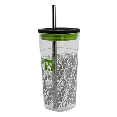 Imagen de Stor Vaso Cube Alto de plástico con Pajita Acero Inoxidable 540 ml Minecraft