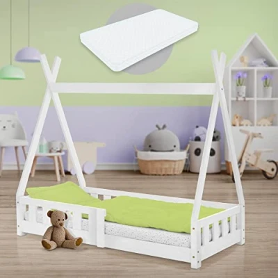Imagen de ML Design Cama Infantil Tipi Blanca con Colchón 70x140 cm Protección Anticaída Y Somier Estructura Listones De Madera Maciza Pino para Niñas Niños Forma Casa Reja Juvenil Juego