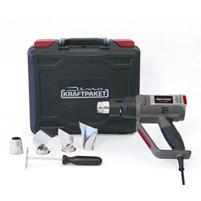 Imagen de Dino KRAFTPAKET Pistola de aire caliente programable 2000W (60 ajustes temperatura: 50 650C, aire: 250 500L/min) calor con pantalla digital LCD, memoria, maletin plastico, accesorios