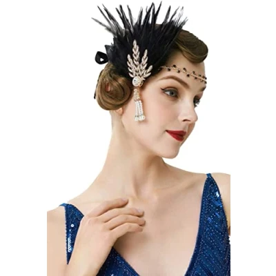 Imagen de BABEYOND Anillo de la Flapper los años 20 Pluma Gran venda Gatsby Accesorios aleta Desfile del art déco Partido temático (Oro y Negro)
