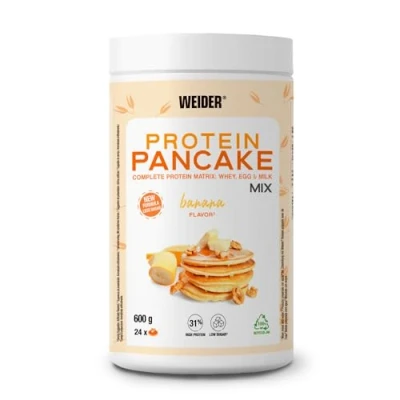 Imagen de Weider Protein Pancake Mix (600g) Sabor Banana, Mezcla para Tortitas Proteicas con Avena y 31% Proteína de 3 fuentes (Suero leche, Leche Huevo), Bajo en Azúcar, Bote 100% Reciclado Reciclable
